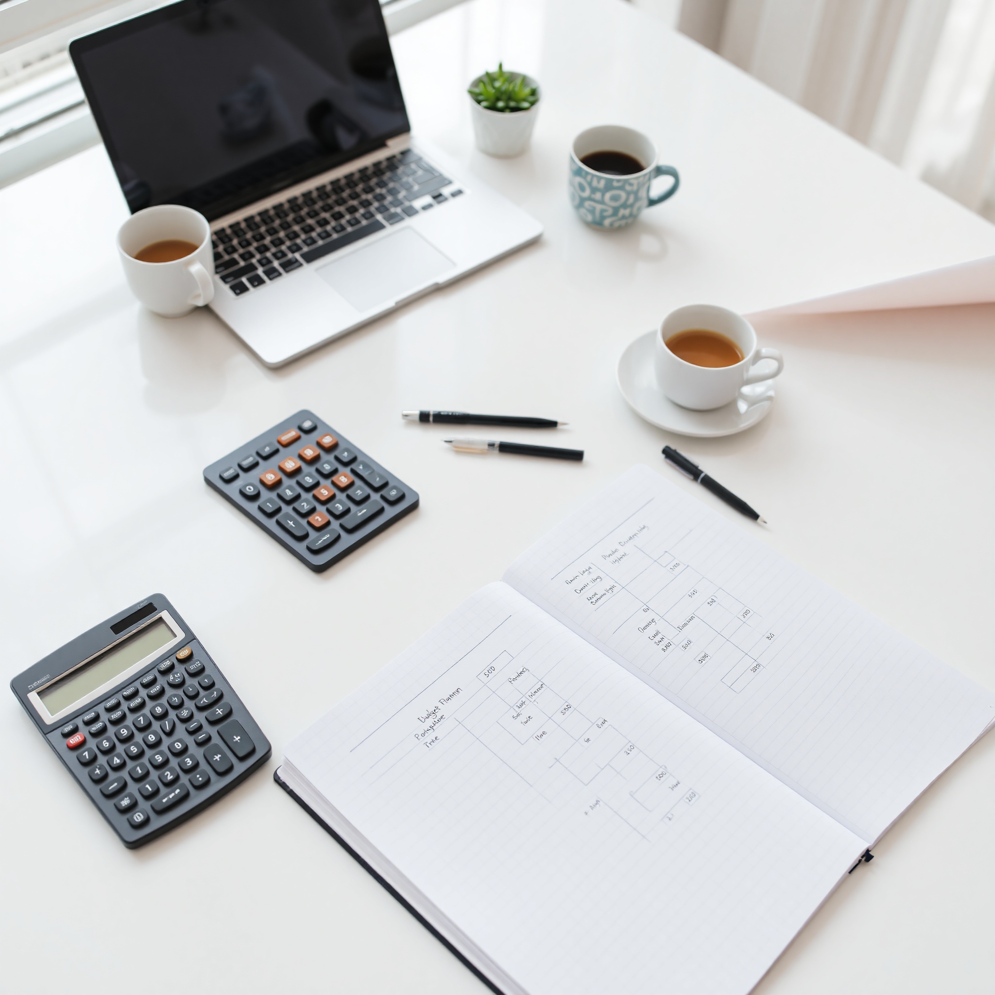 Professional workspace showing budget planning with calculator, pen, and notebook on organized desk with coffee