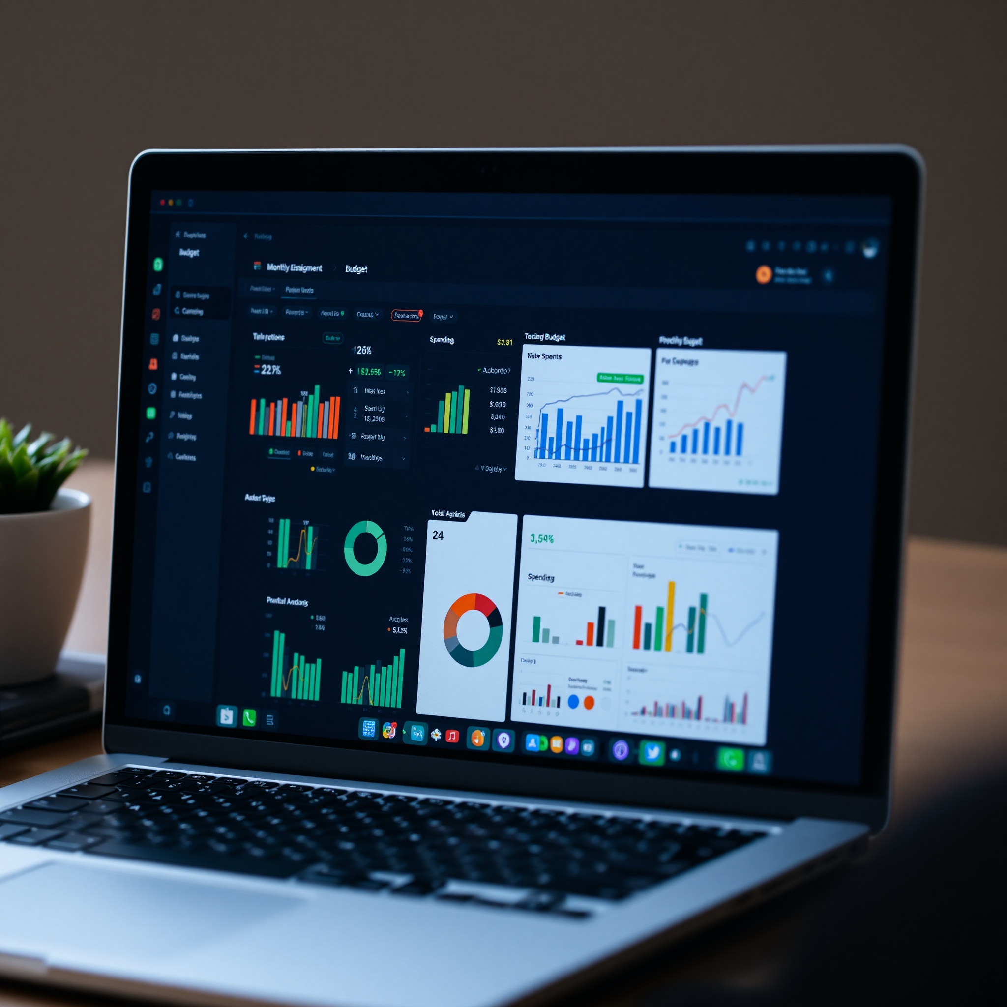 Financial tracking dashboard showing spending patterns, monthly expenses, and budget progress charts