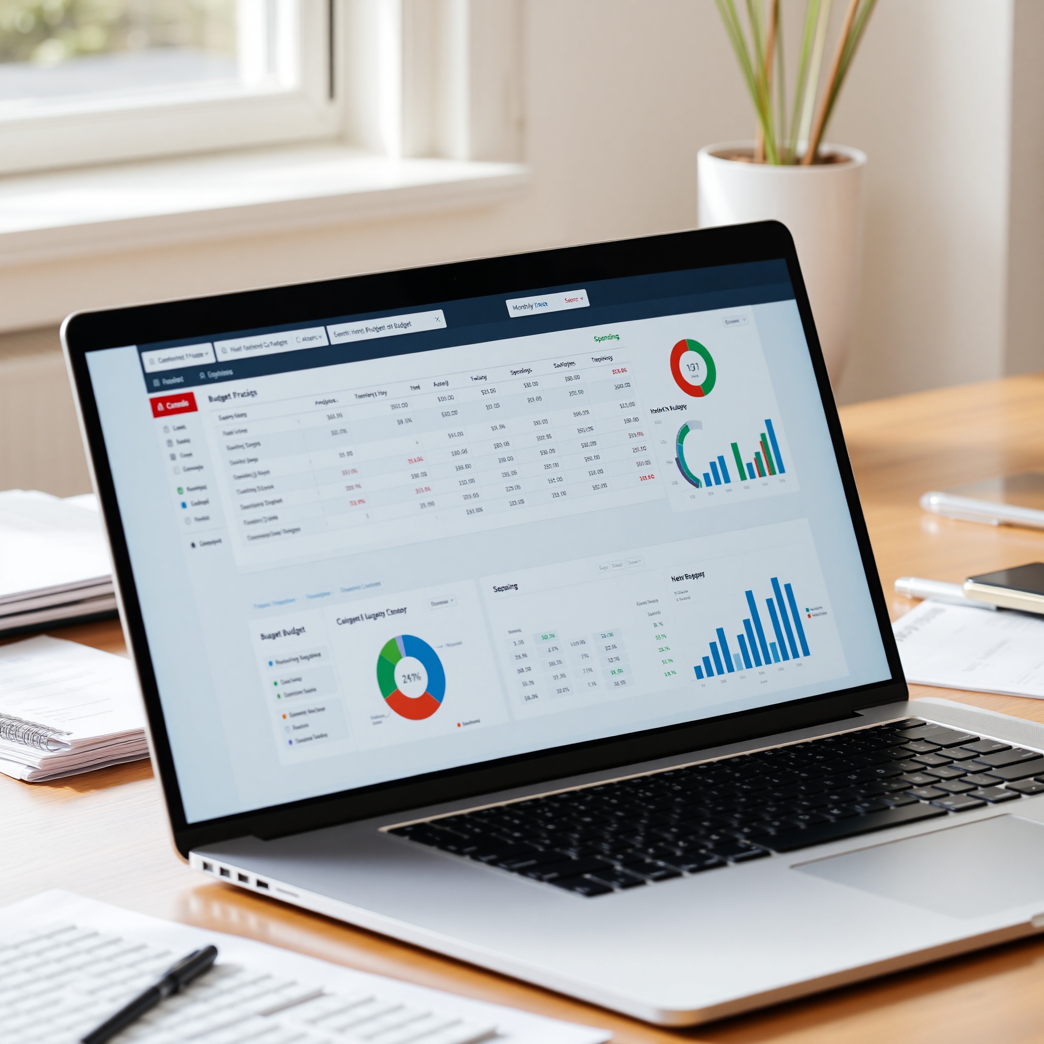 Financial tracking interface displayed on laptop screen showing budget categories and spending analysis with detailed charts