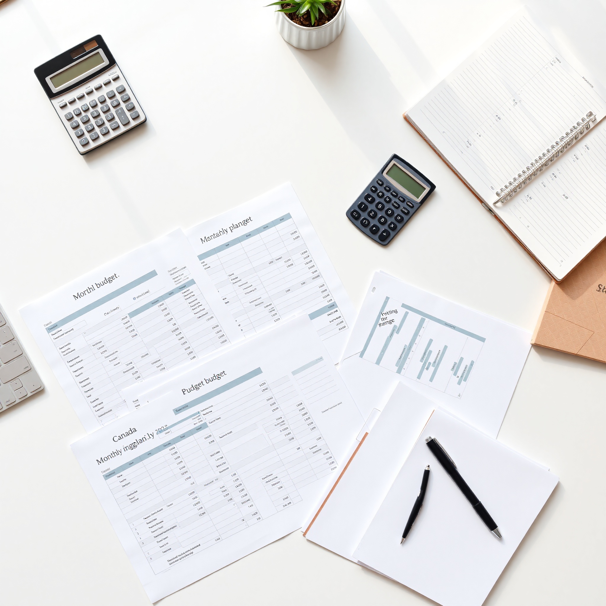 Organized workspace with budget planning documents, calculator, and financial tracking notebook