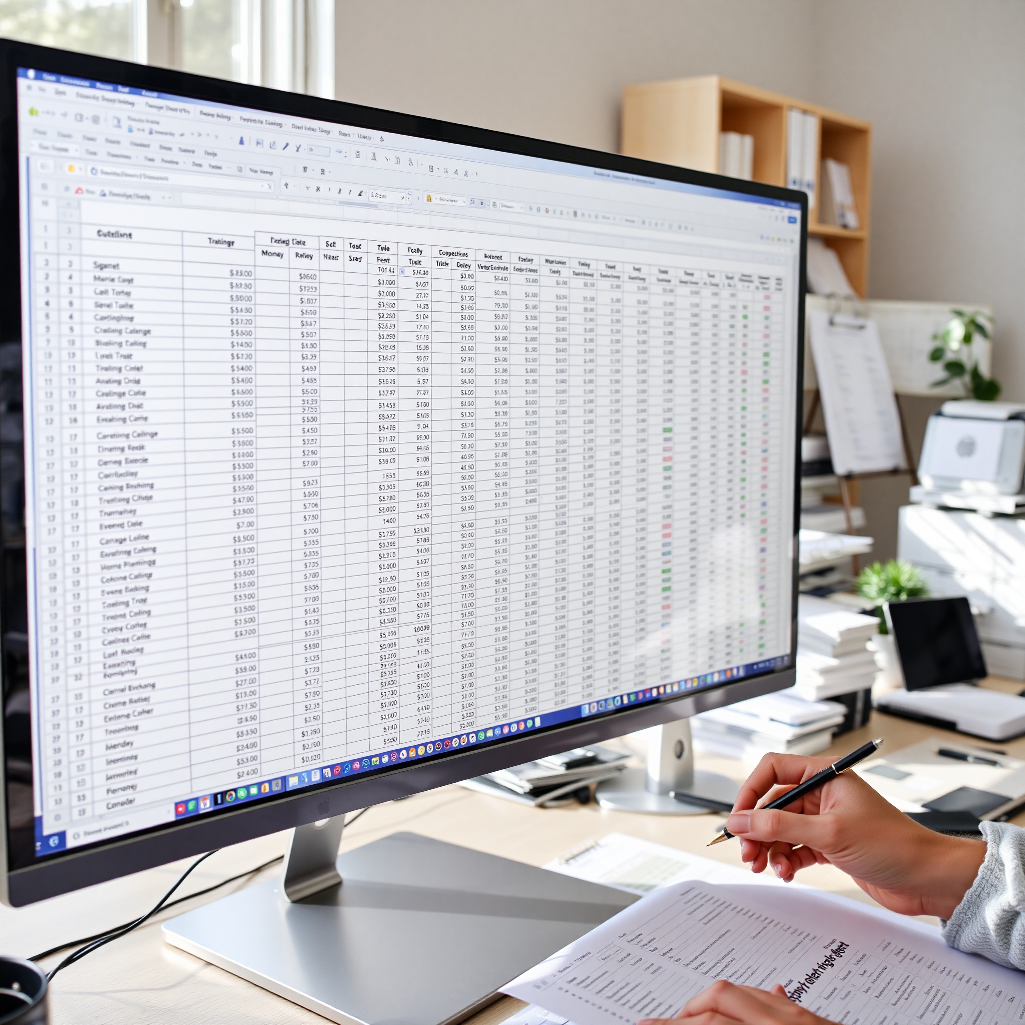 Detailed monthly budget spreadsheet with colored expense categories and calculations