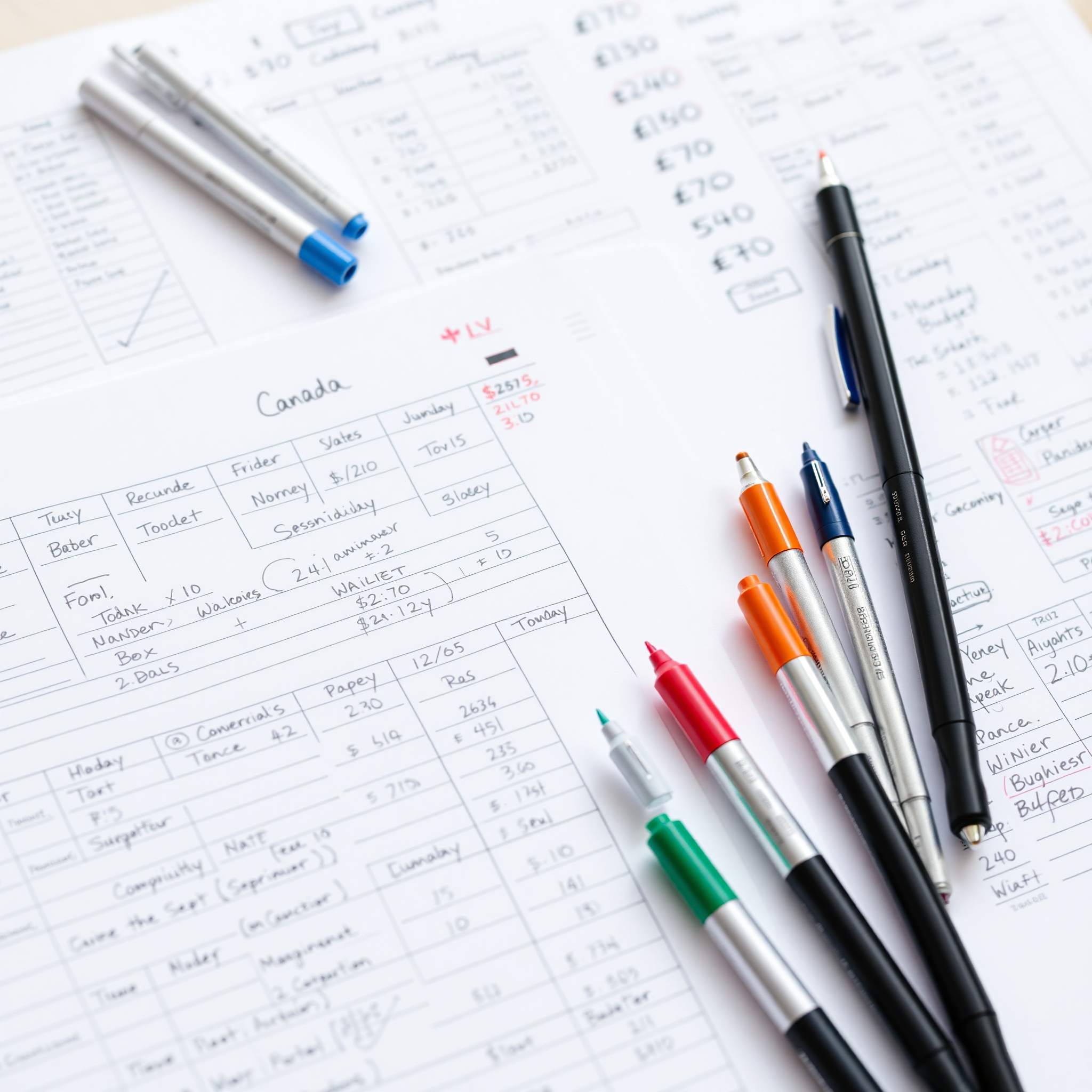 Detailed view of handwritten monthly budget planner with colored markers and financial planning notes