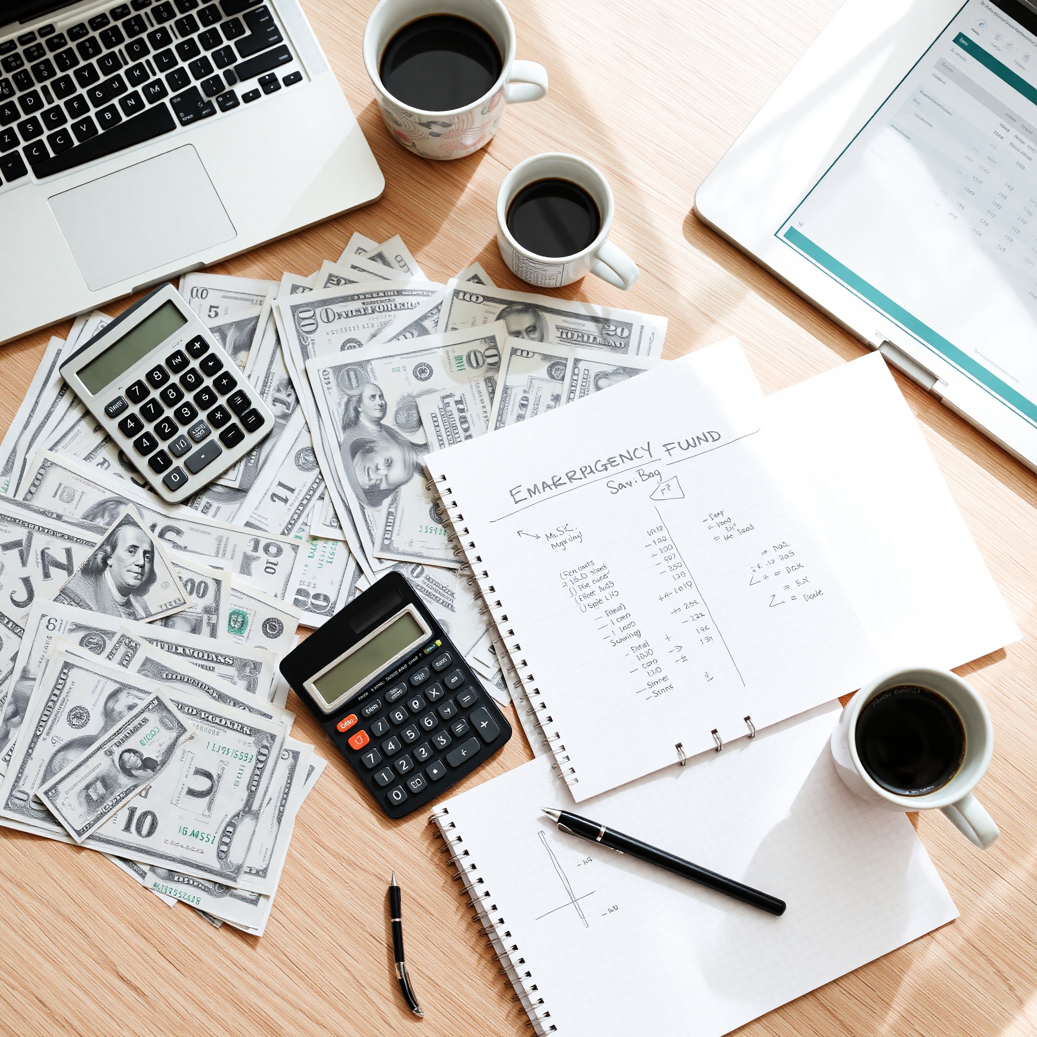 Professional showing financial planning with emergency fund documentation, savings account statements, and calculator on desk