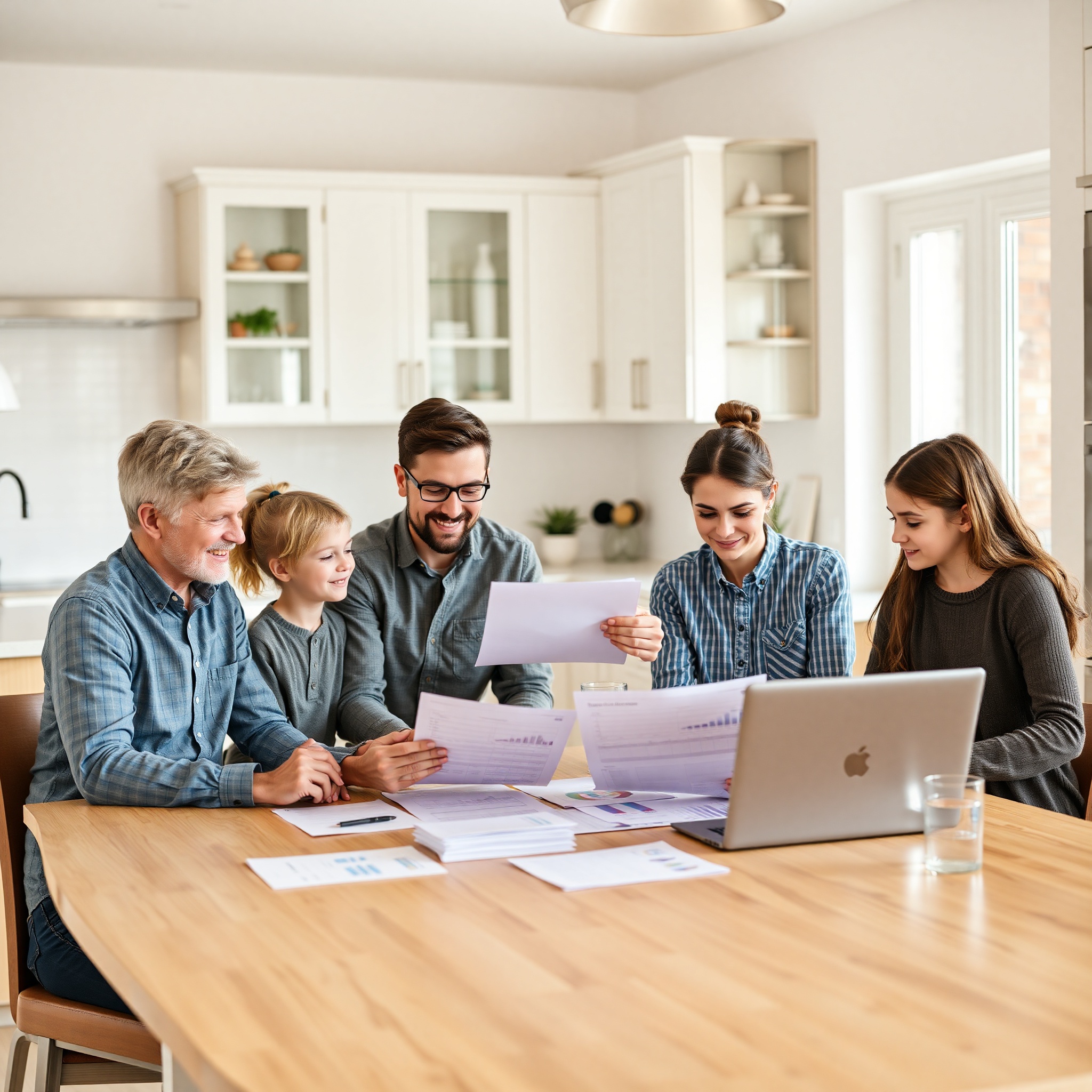 Family having financial planning discussion around kitchen table with laptop and budget documents visible