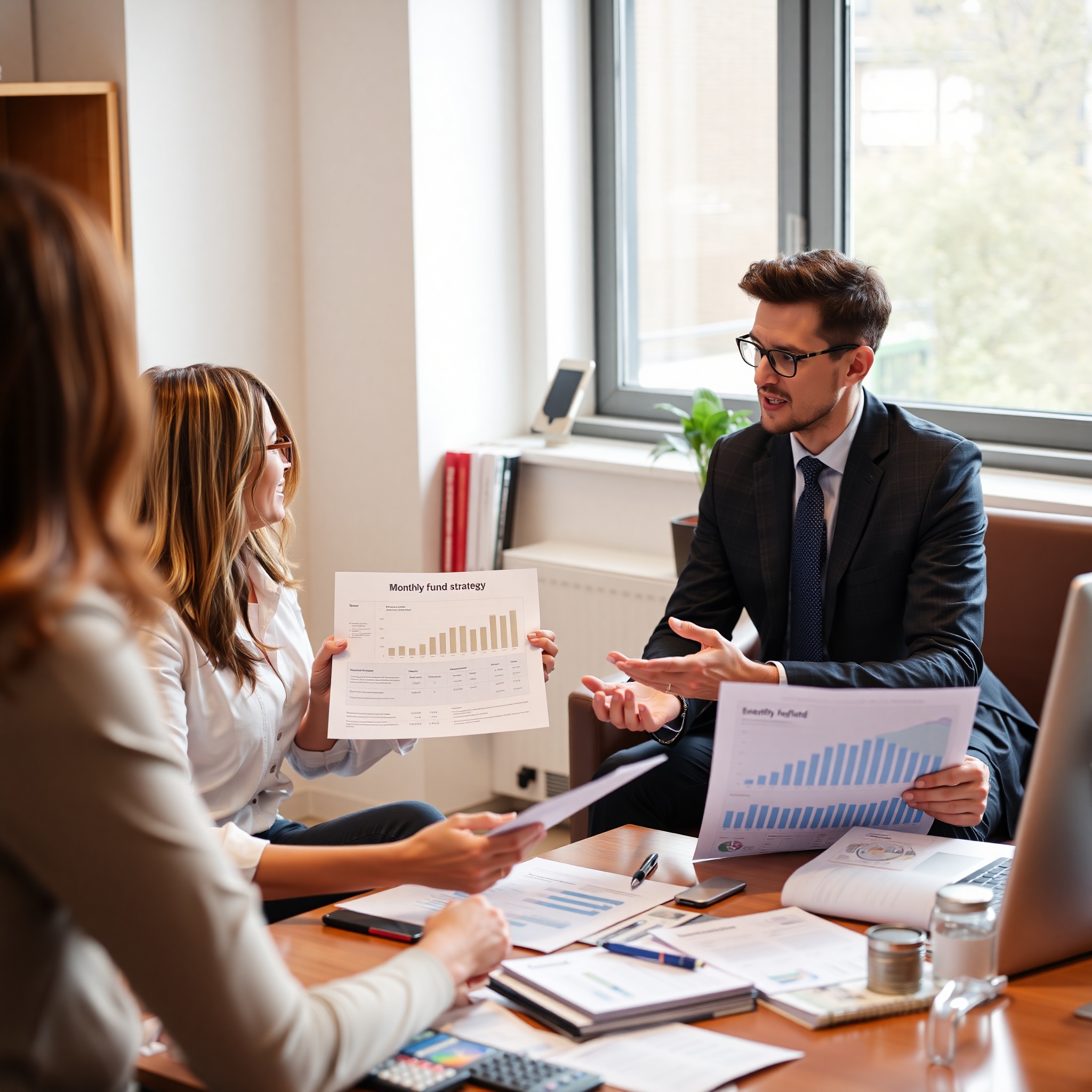 Financial advisor explaining emergency fund strategy with charts and savings plan document
