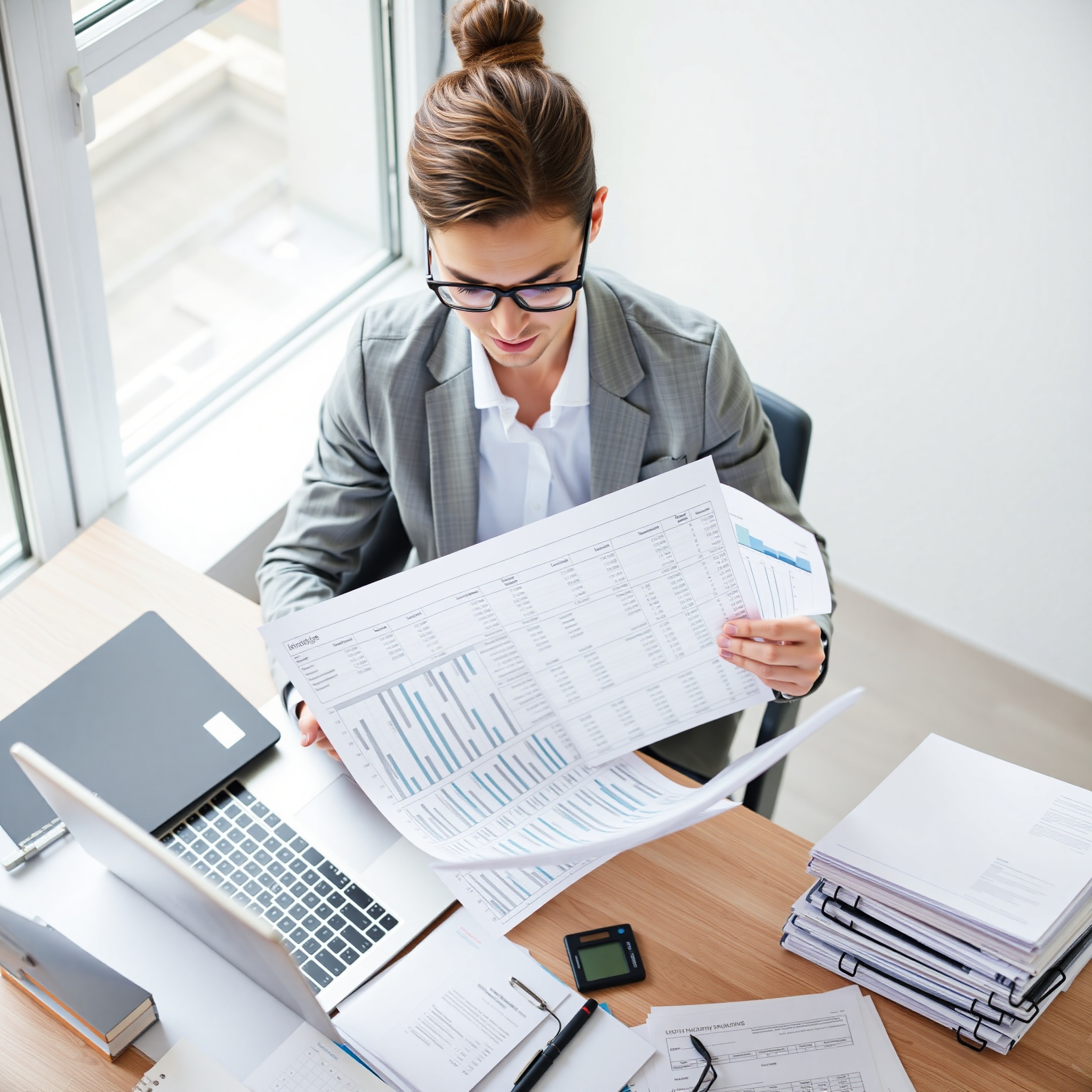 Professional financial advisor reviewing monthly budget spreadsheet on laptop at organized desk workspace