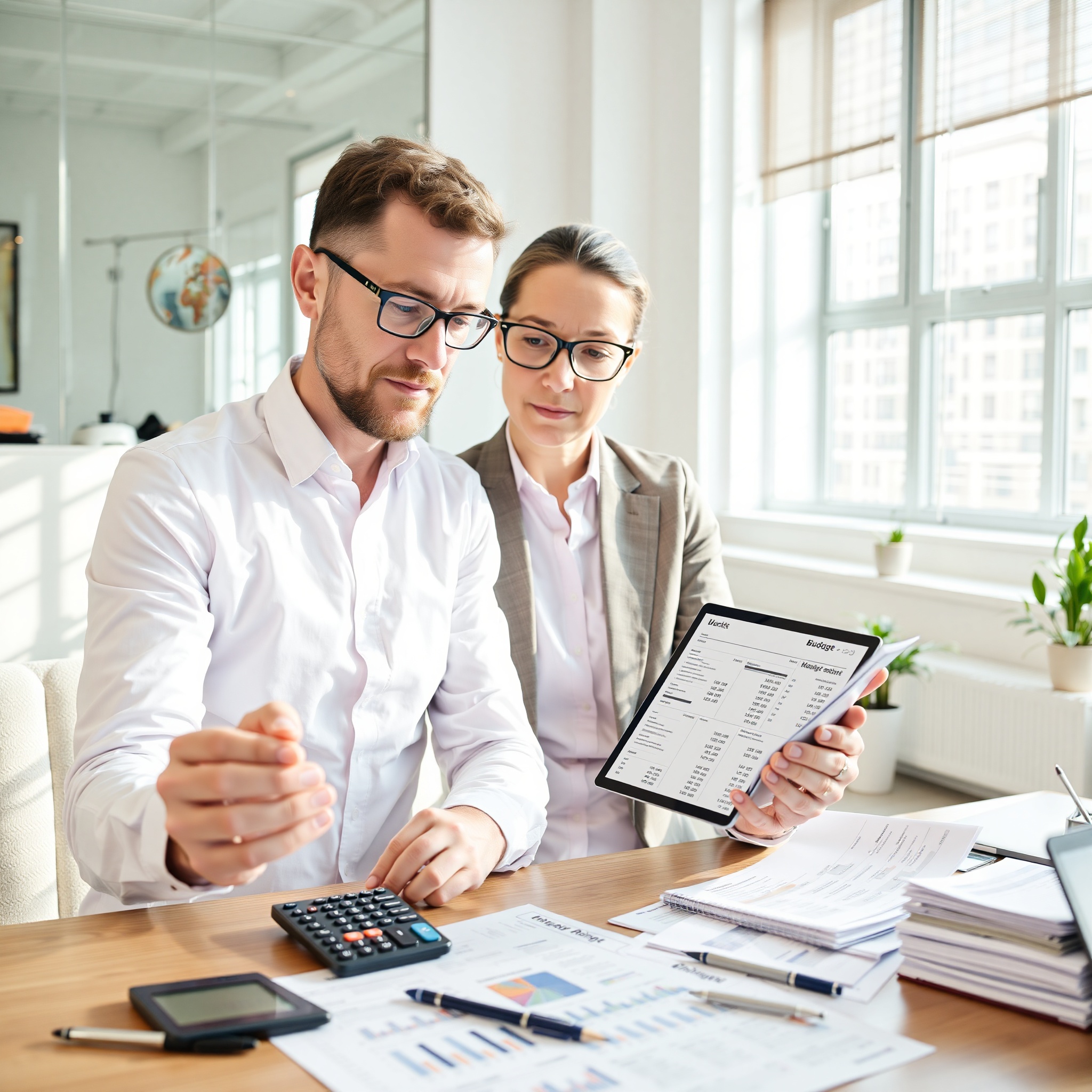 Financial professional reviewing emergency fund calculations on tablet with spreadsheet and calculator