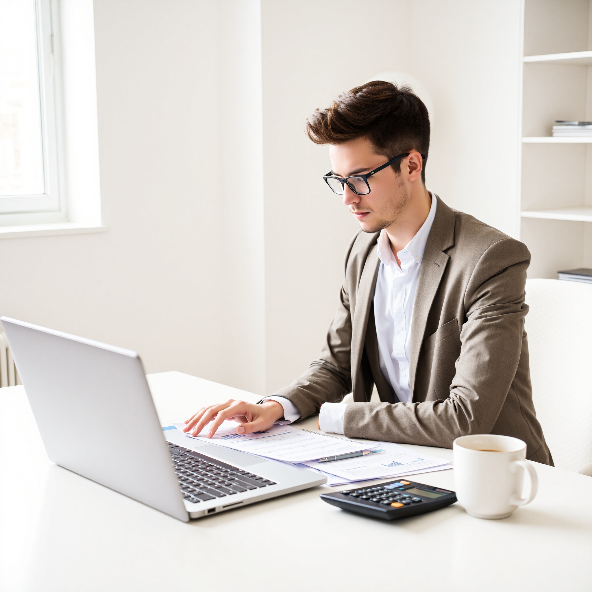 Canadian professional working on laptop with financial planning documents and coffee at modern workspace