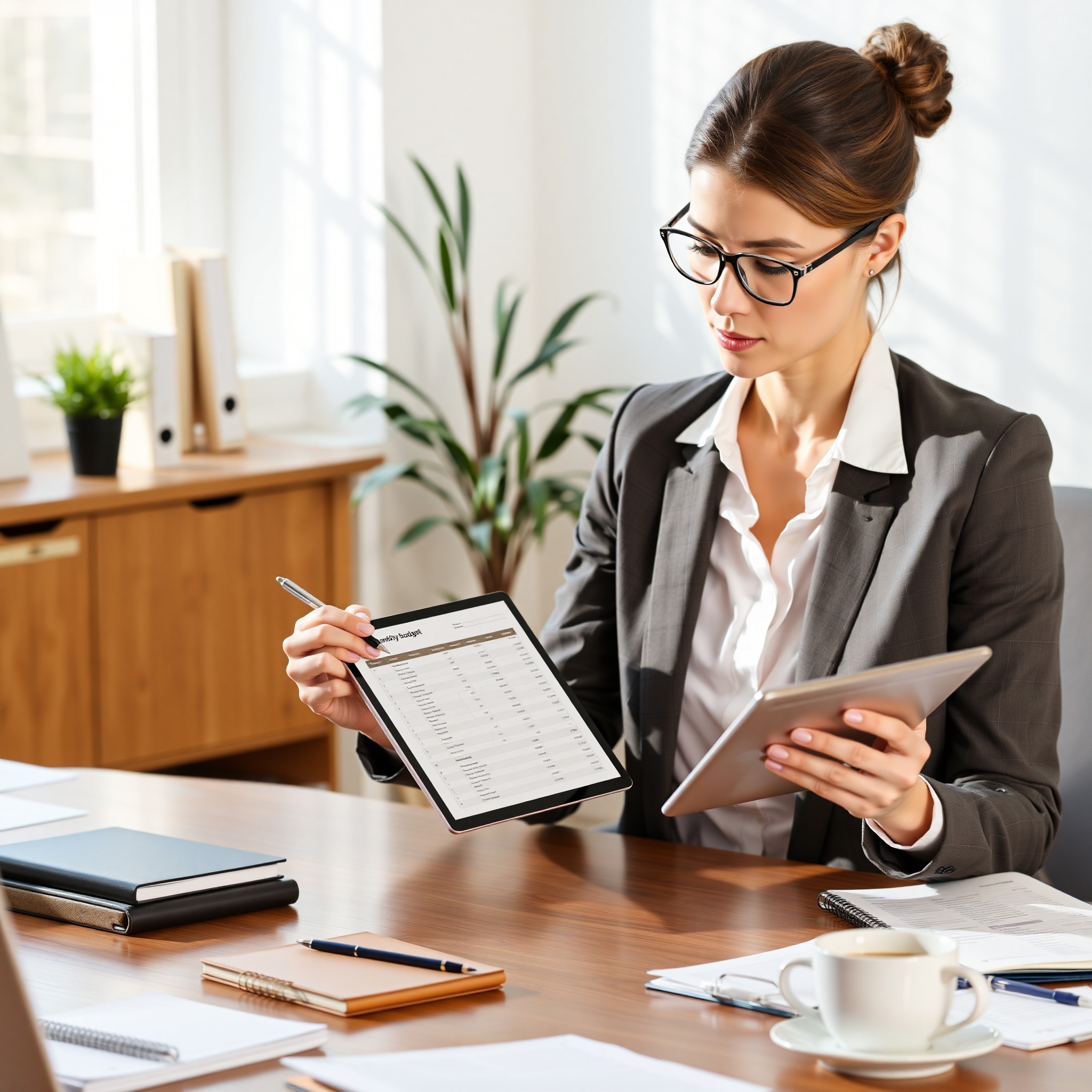 Professional woman reviewing budget analysis on tablet while taking notes, focused expression at modern office workspace