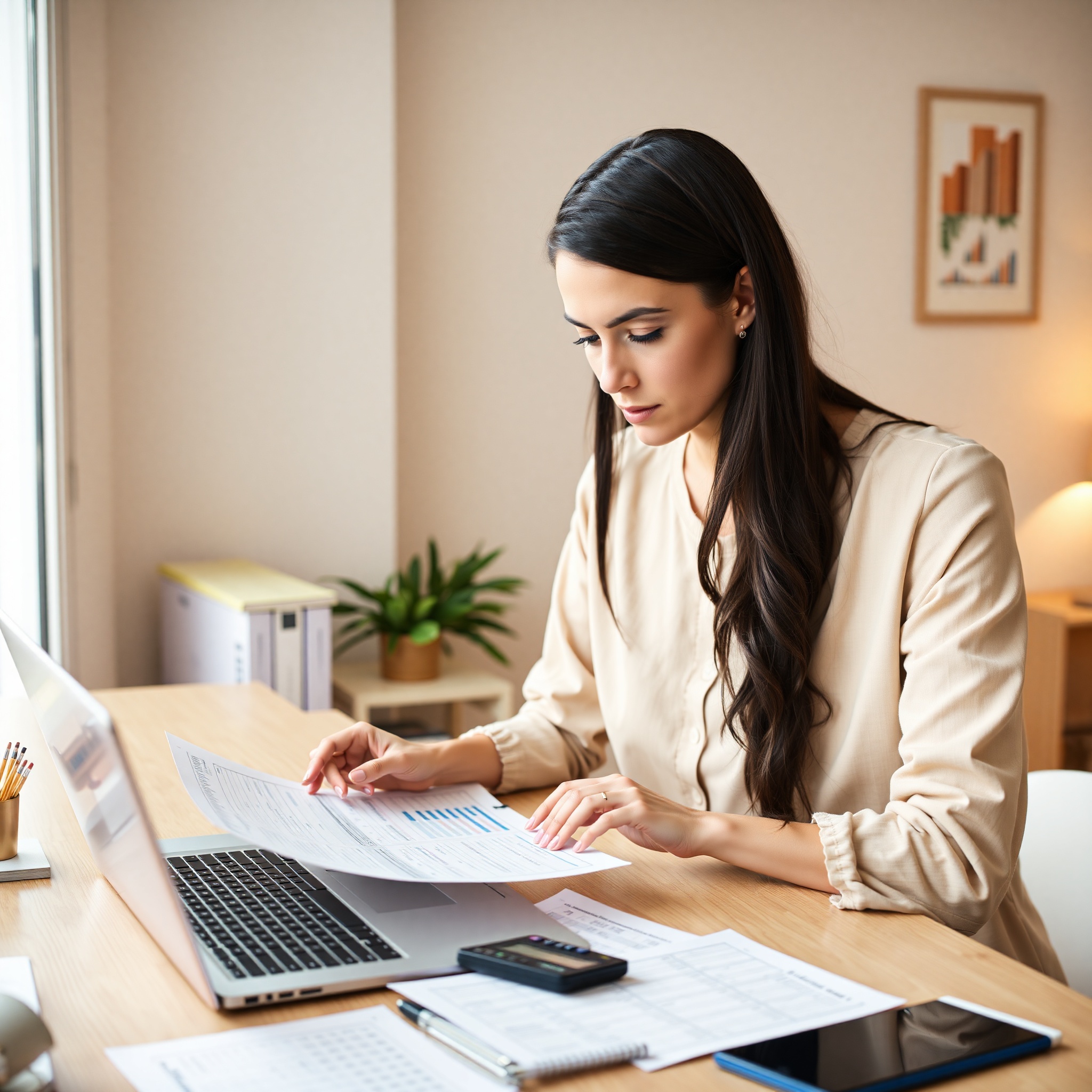 Professional woman reviewing monthly budget spreadsheet at home office desk with calculator and financial documents