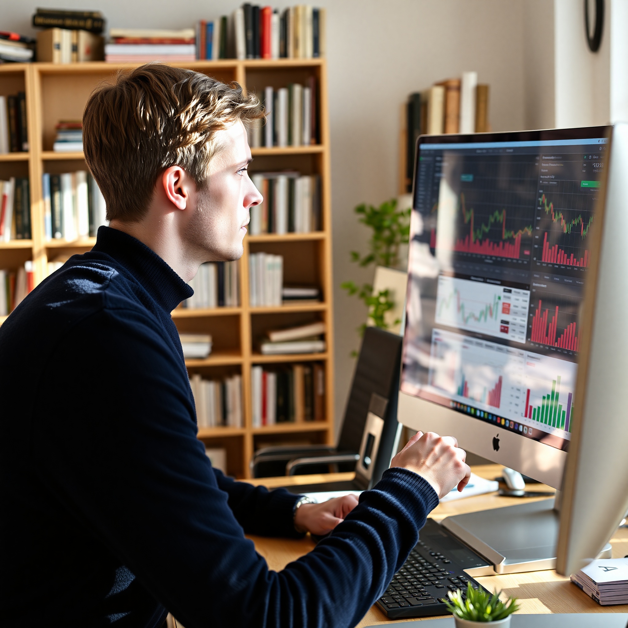 Young professional man analyzing financial charts and investment performance on computer screen in home office