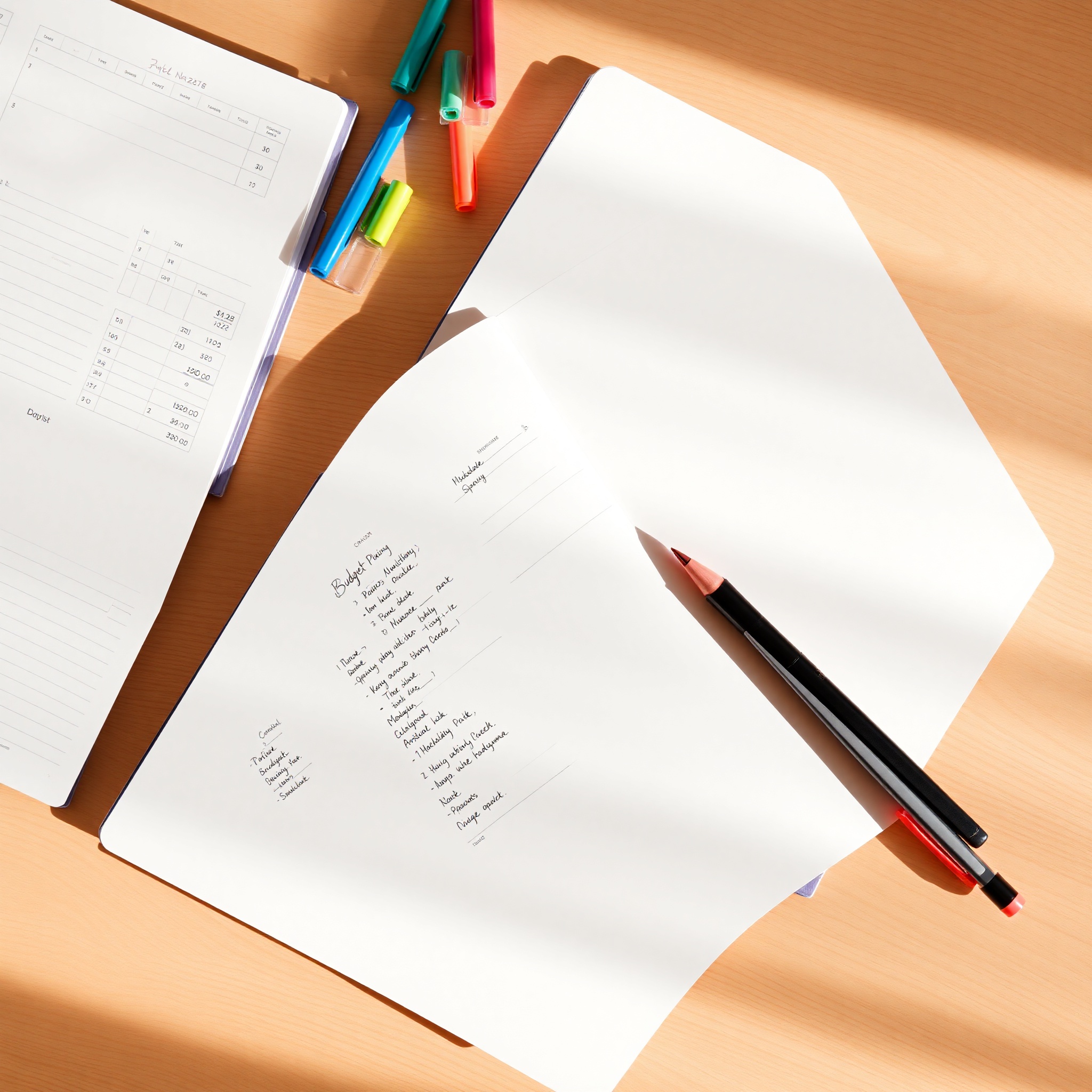 Detailed view of handwritten monthly budget planner with colored markers and financial planning notes