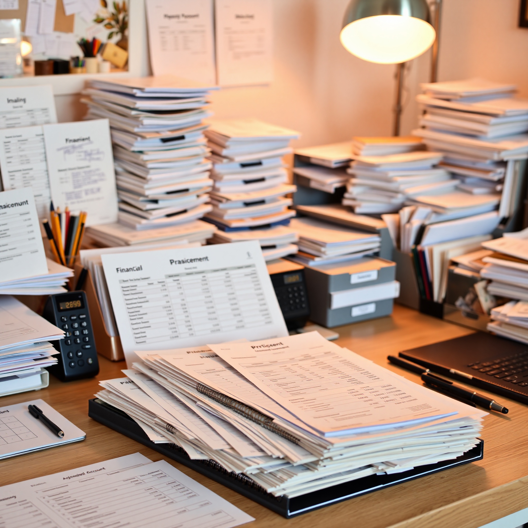 Professional workspace showing organized financial records, multiple account statements, and money management system