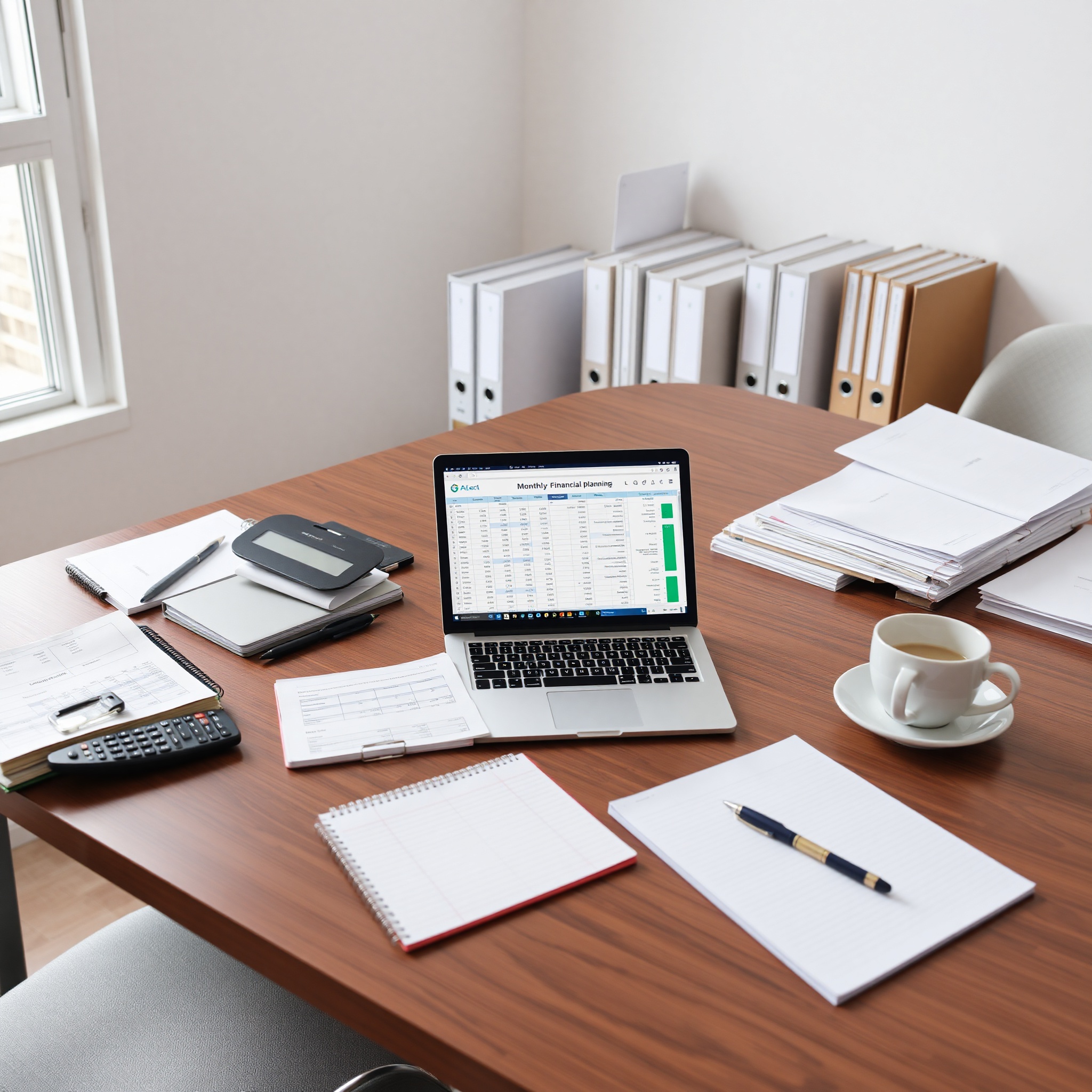 Professional workspace with budget spreadsheet on laptop and financial documents