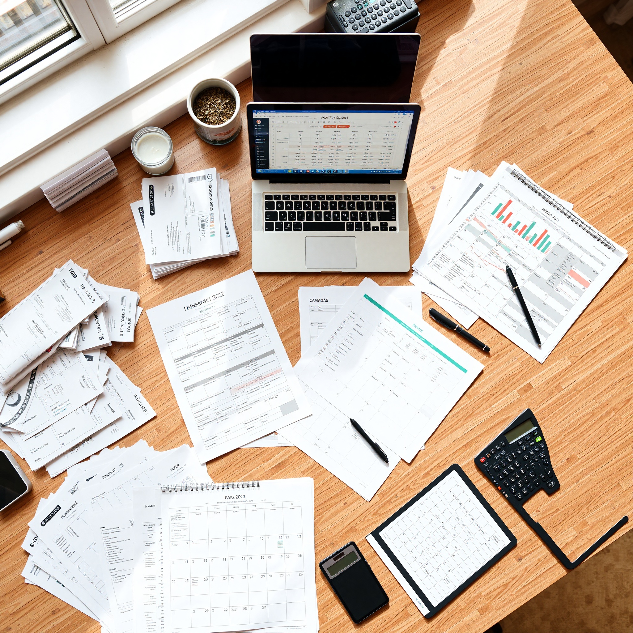 Professional workspace showing organized bills, calendar, and financial planning documents on desk with laptop and calculator