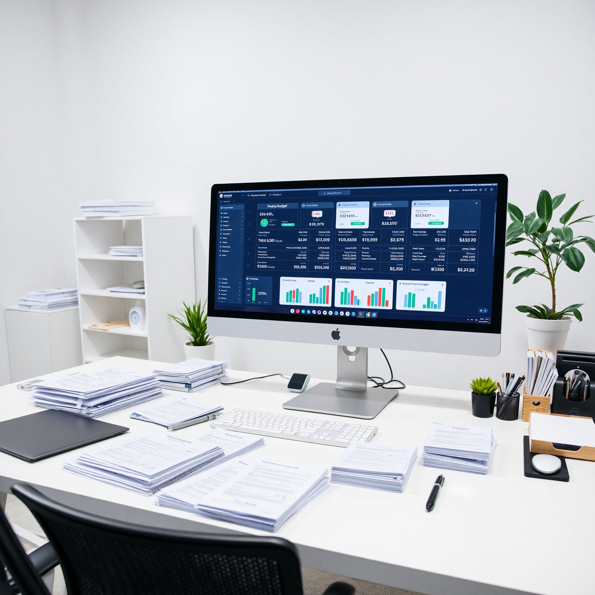 Organized financial workspace with multiple accounts tracked on digital dashboard screen