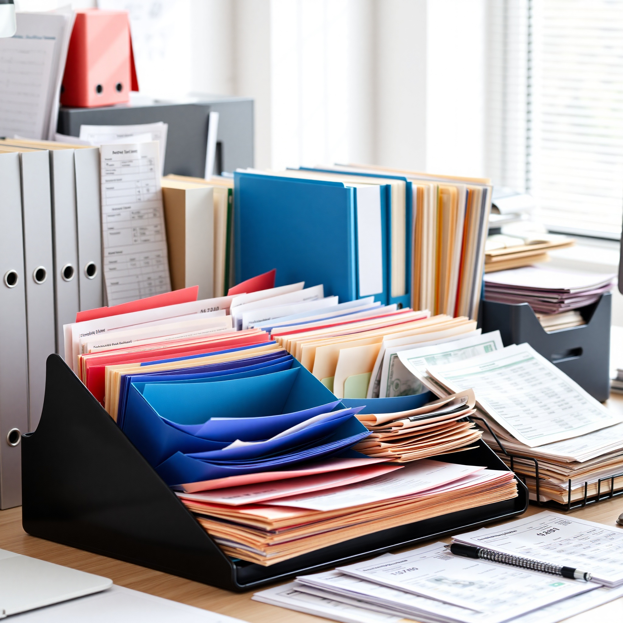 Organized desk with multiple bank statements, financial folders and organizational system