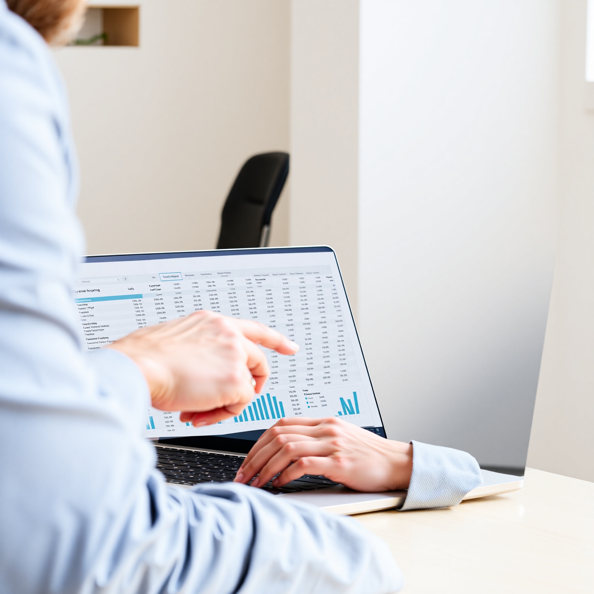 Person reviewing detailed budget tracking spreadsheet and expense charts on laptop screen