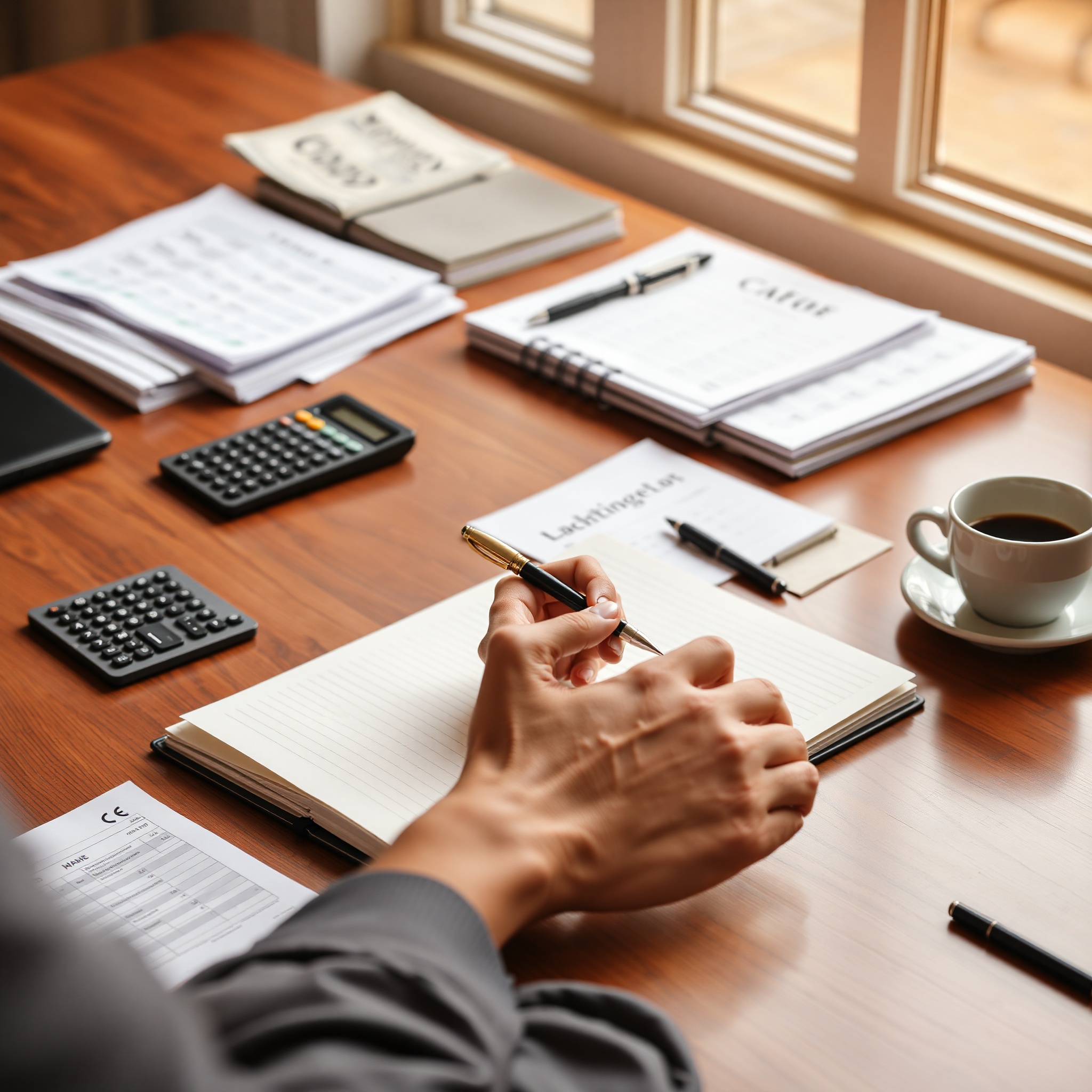 Hand writing budget entries in notebook with pen, calculator and coffee on wooden desk