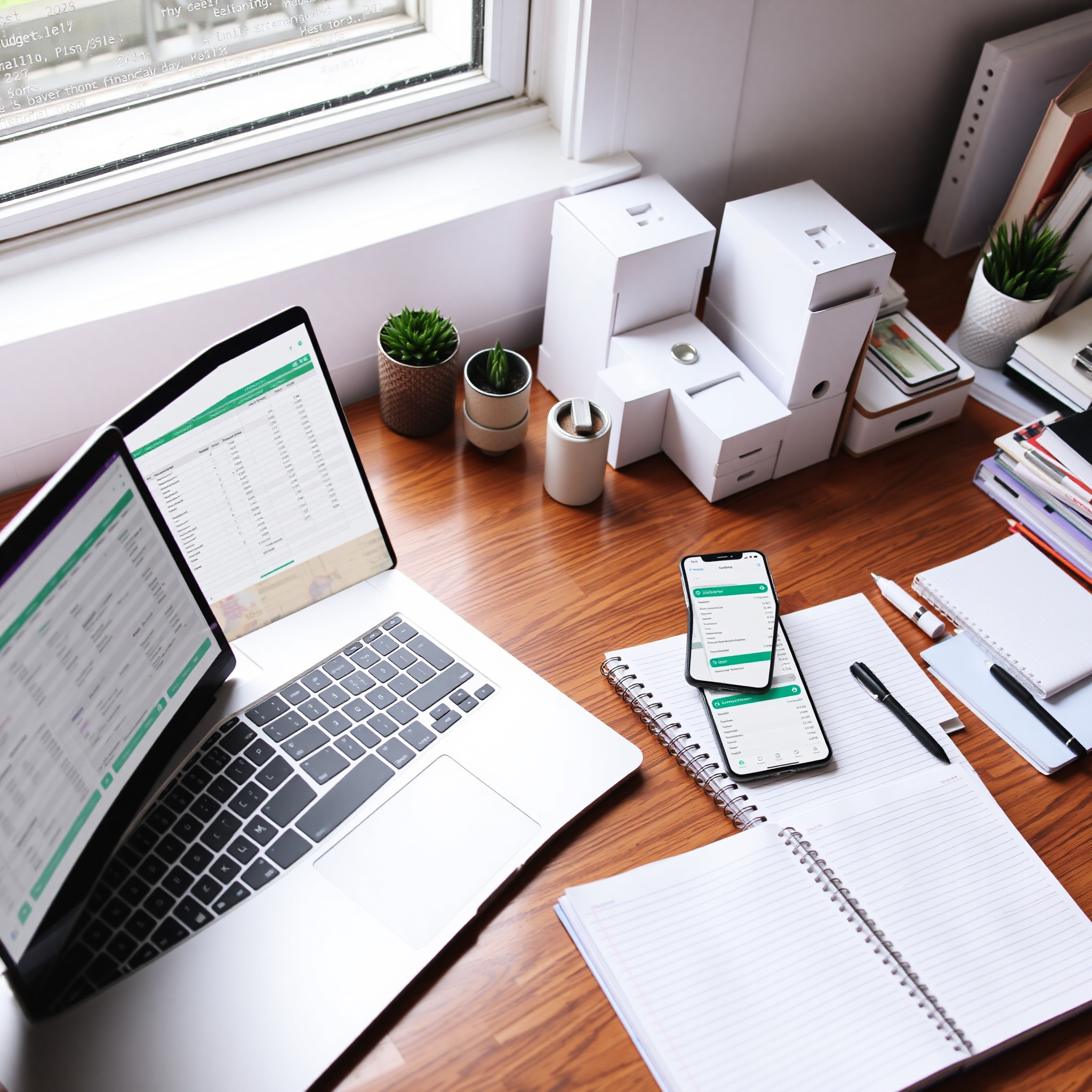 Digital and analog budget tracking methods including smartphone app, spreadsheet on laptop, and paper tracking system