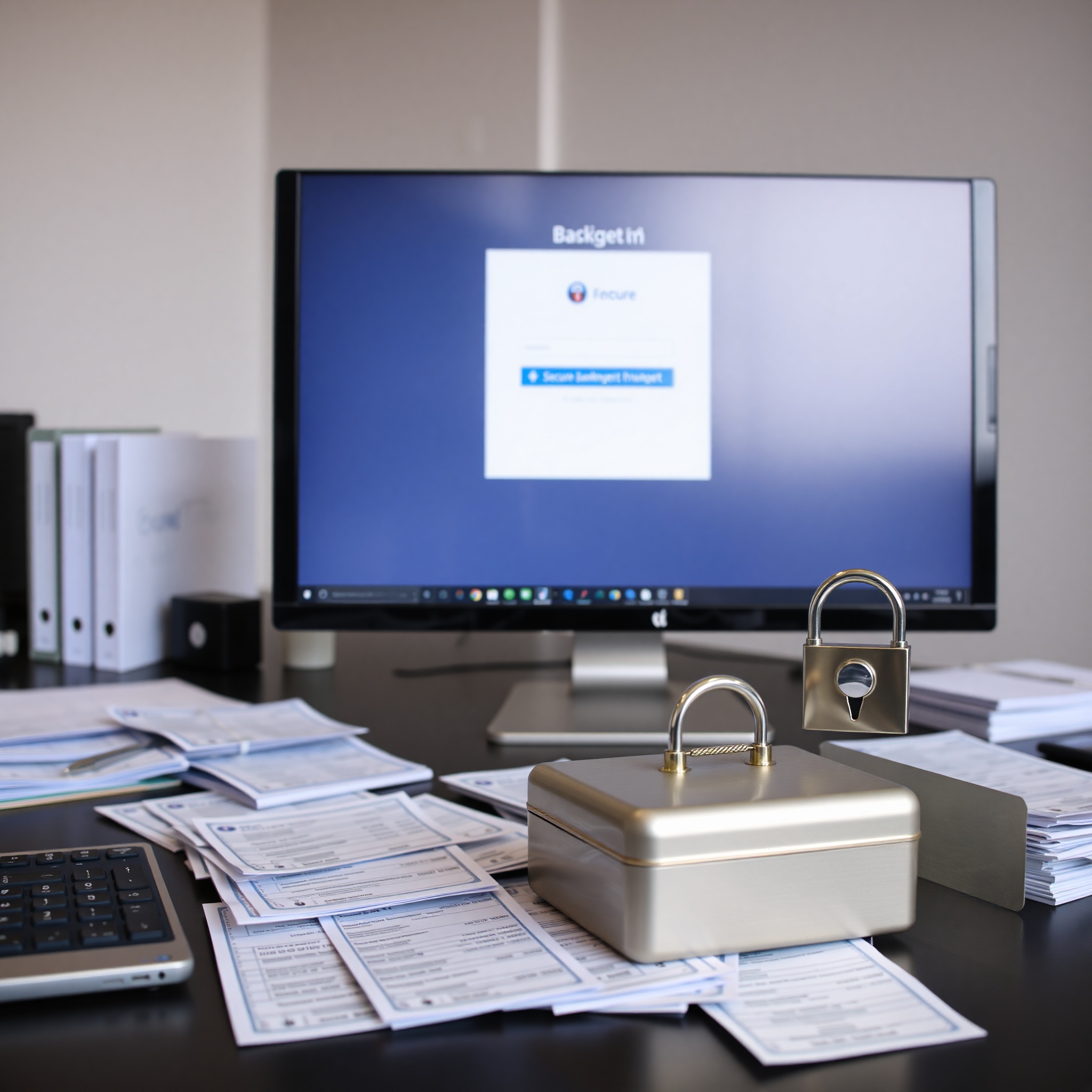 Secure financial workspace with locked documents, secure banking interface on computer screen, professional office setting