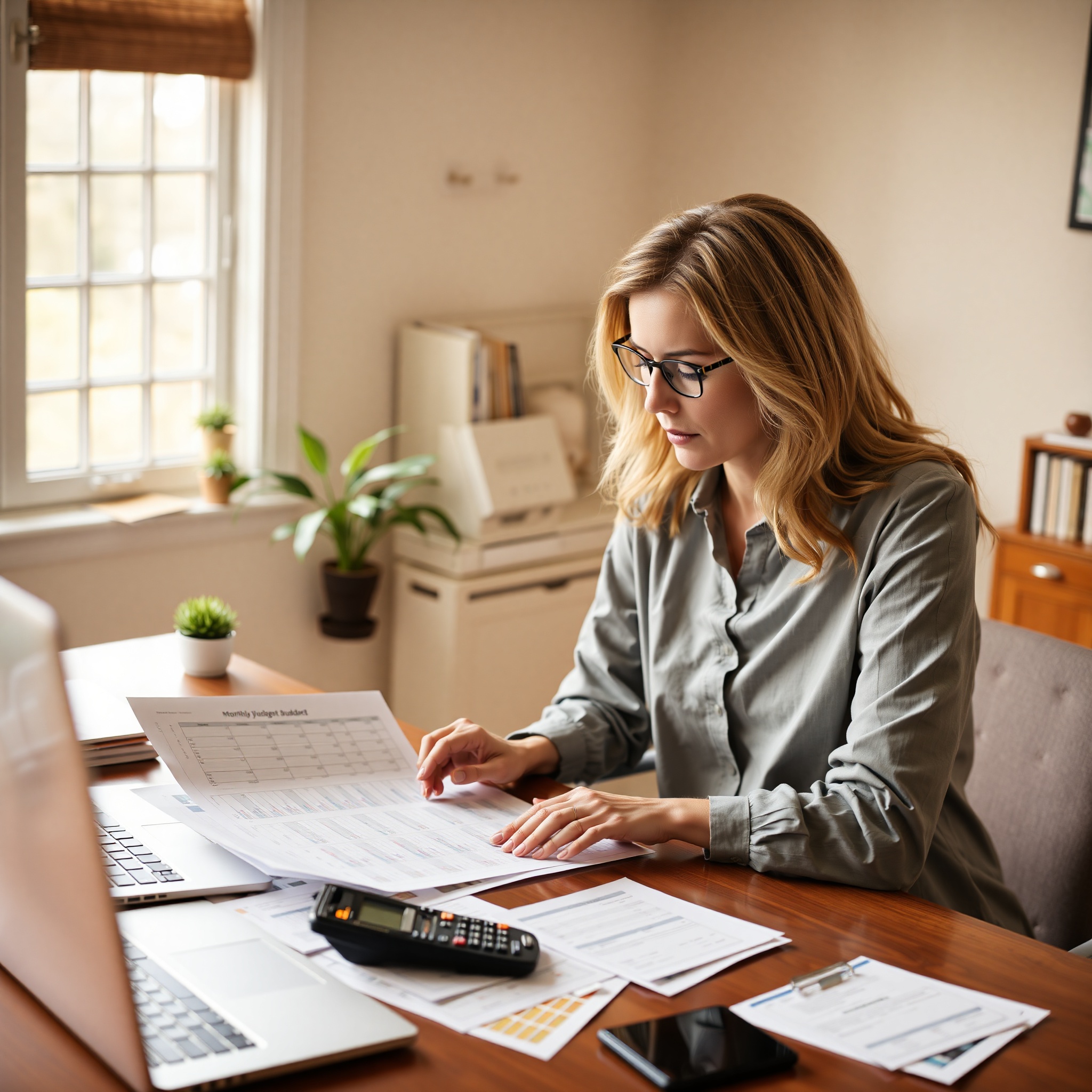 Professional woman reviewing monthly budget spreadsheet at home office desk with calculator and financial documents